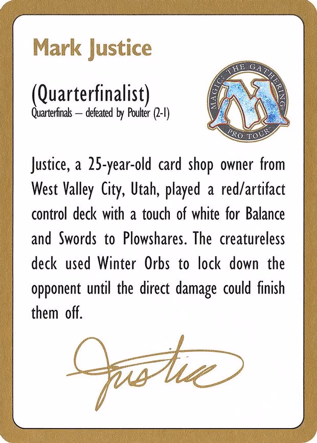 1996 Mark Justice Biography Card