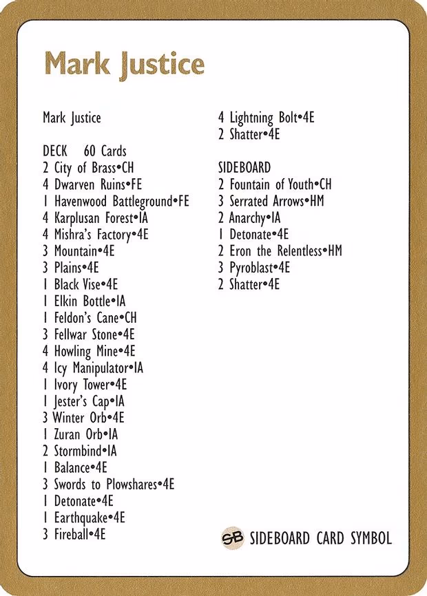 1996 Mark Justice Decklist Card