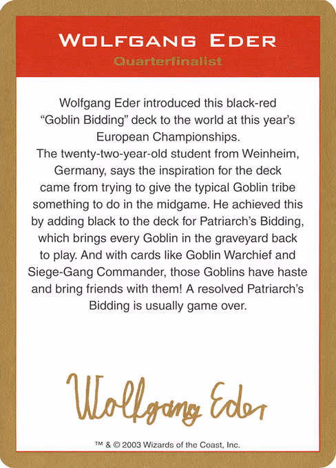 2003 Wolfgang Eder Biography Card - S