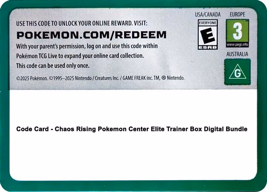 Code Card - Chaos Rising Pokemon Center Elite Trainer Box Digital Bundle - Code Card