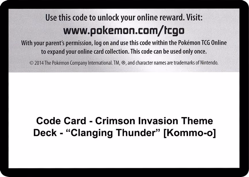 Code Card - Crimson Invasion Theme Deck - "Clanging Thunder" [Kommo-o] - Code Card