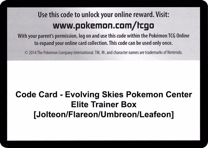 Code Card - Evolving Skies Pokemon Center Elite Trainer Box [Jolteon/Flareon/Umbreon/Leafeon]