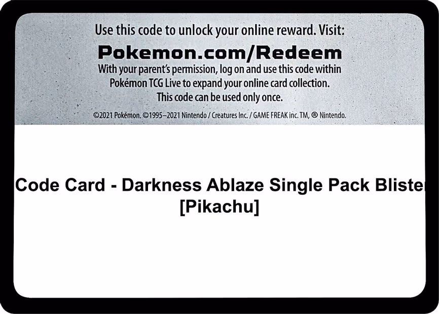 Code Card - Darkness Ablaze Single Pack Blister [Pikachu] - Code Card