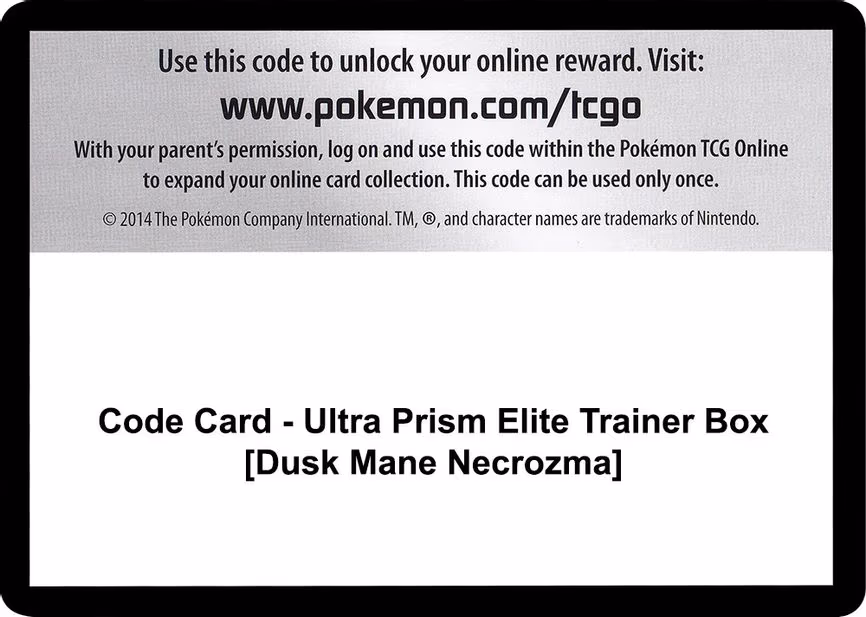 Code Card - Ultra Prism Elite Trainer Box [Dusk Mane Necrozma] - Code Card