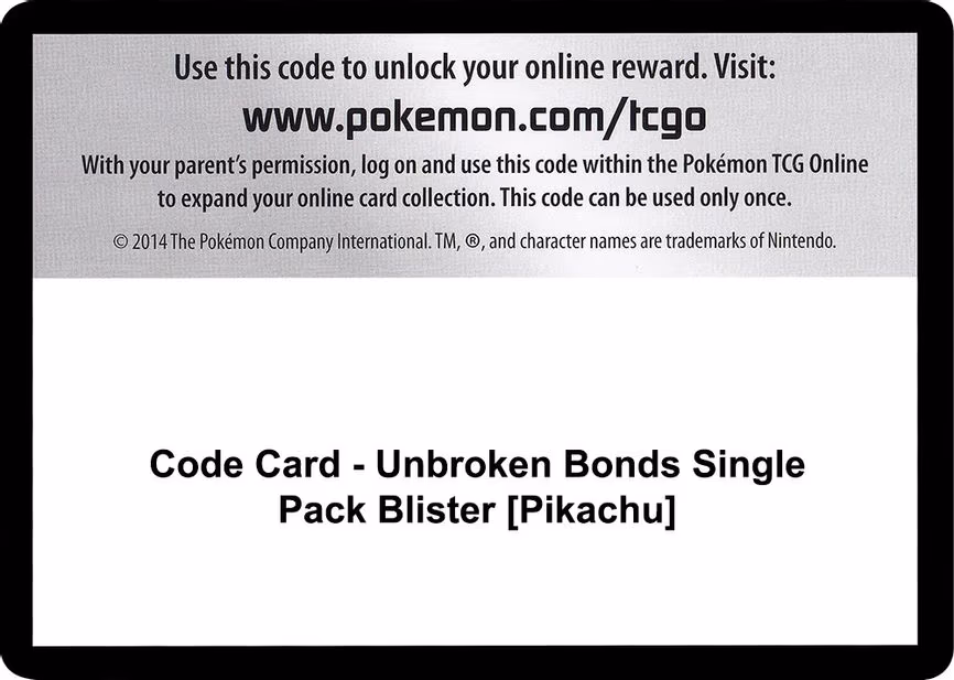 Code Card - Unbroken Bonds Single Pack Blister [Pikachu] - Code Card