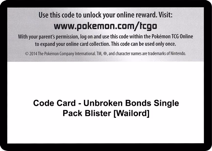 Code Card - Unbroken Bonds Single Pack Blister [Wailord] - Code Card