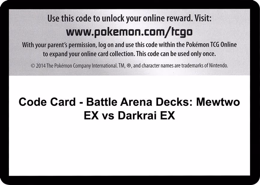 Code Card - Battle Arena Decks: Mewtwo EX vs Darkrai EX