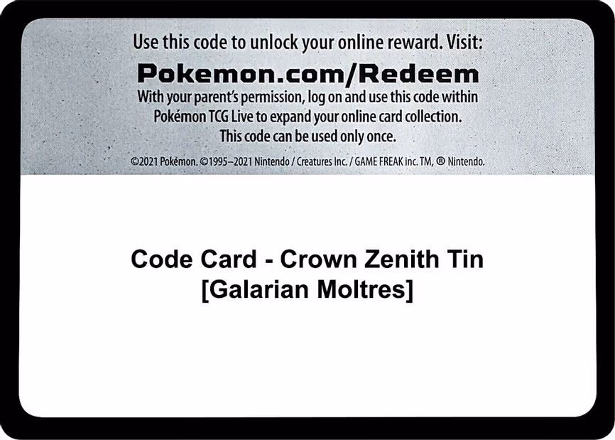 Code Card - Crown Zenith Tin [Galarian Moltres] - Code Card