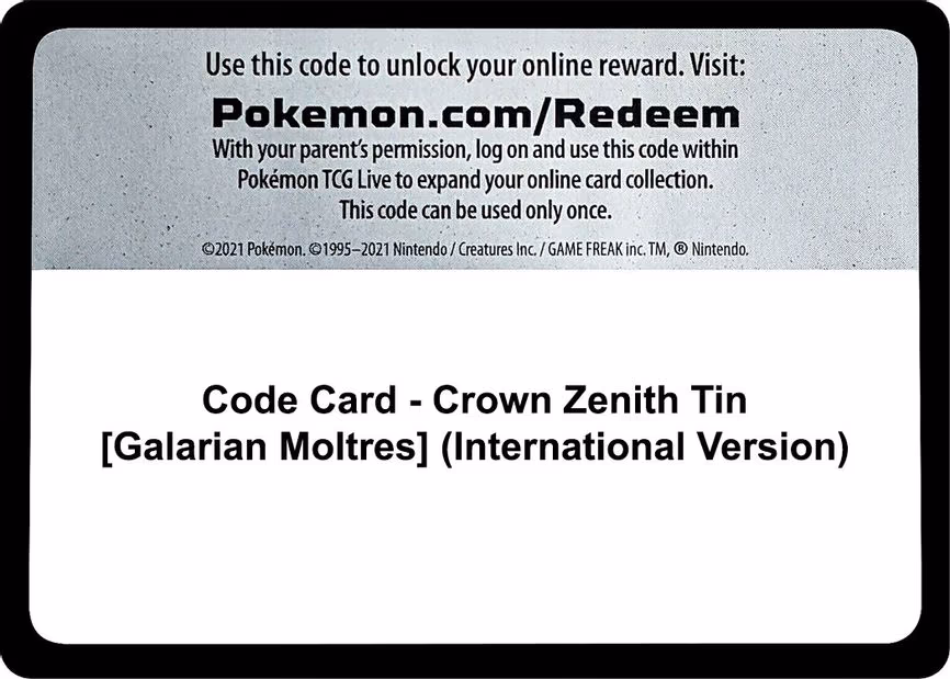 Code Card - Crown Zenith Tin [Galarian Moltres] - Code Card