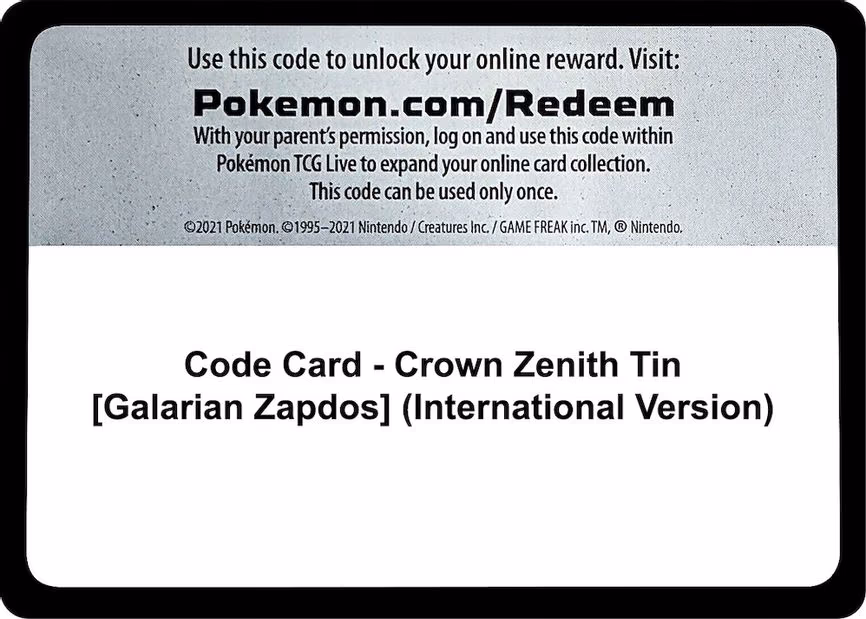 Code Card - Crown Zenith Tin [Galarian Zapdos]