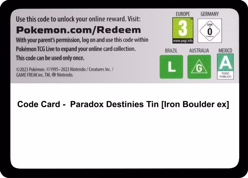Code Card - Paradox Destinies Tin [Iron Boulder ex] - Code Card