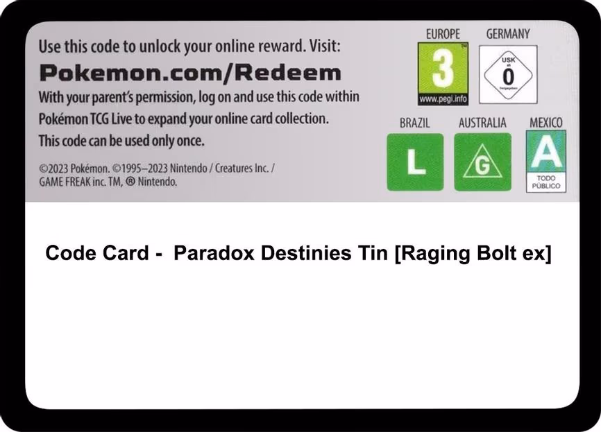 Code Card - Paradox Destinies Tin [Raging Bolt ex] - Code Card