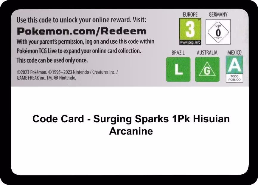 Code Card - Surging Sparks Blister [Hisuian Arcanine] - Code Card