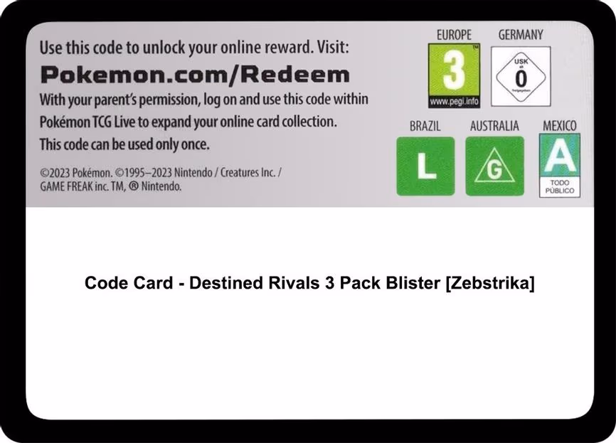 Code Card - Destined Rivals 3 Pack Blister [Zebstrika] - Code Card