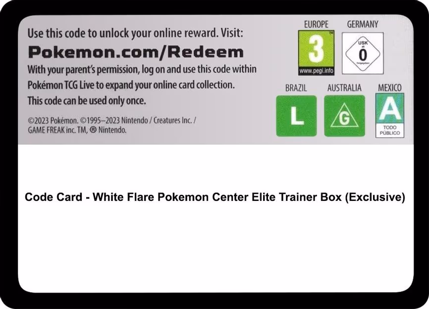 Code Card - White Flare Pokemon Center Elite Trainer Box (Exclusive) - Code Card